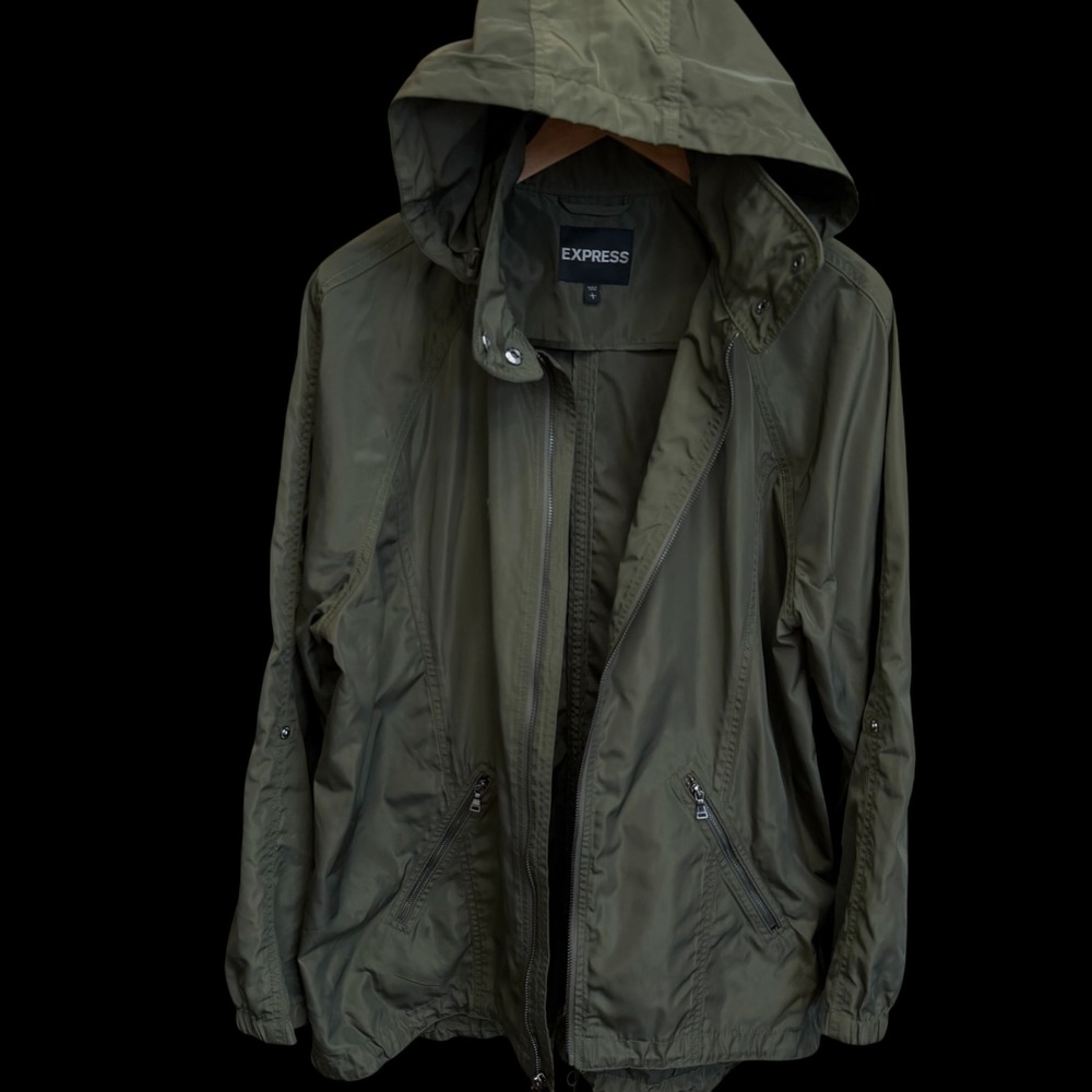 Express Womens Olive Green Lightweight Hooded Windbreaker Jacket Size L #524